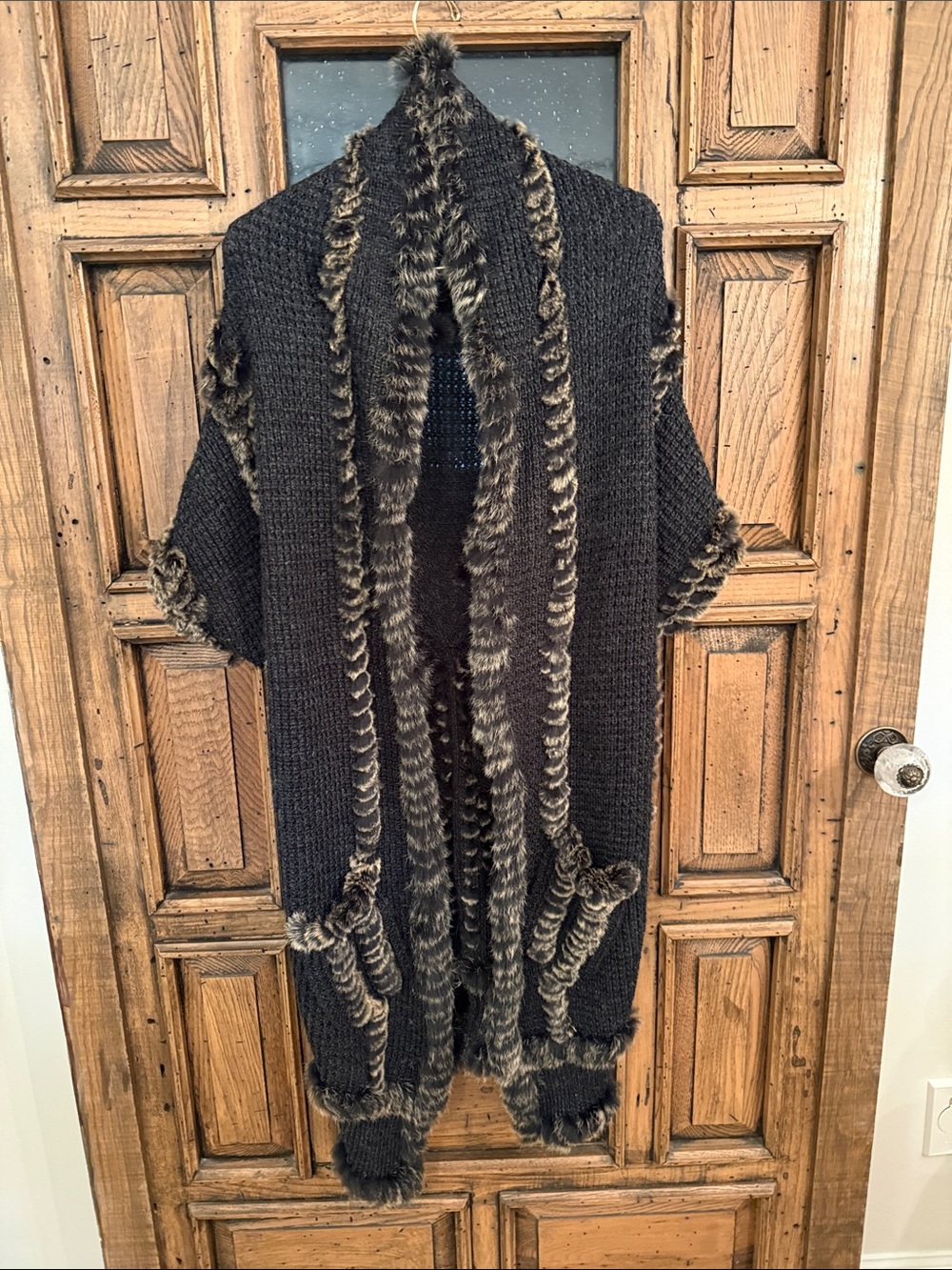 Black Knit Coatigan with Fur Trim
